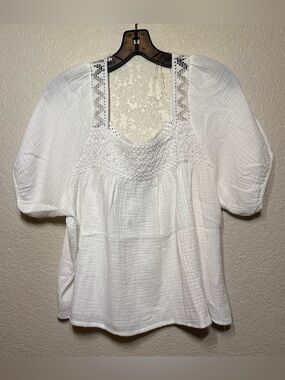 HYFVE White Crochet Yoke Puff Sleeve Top